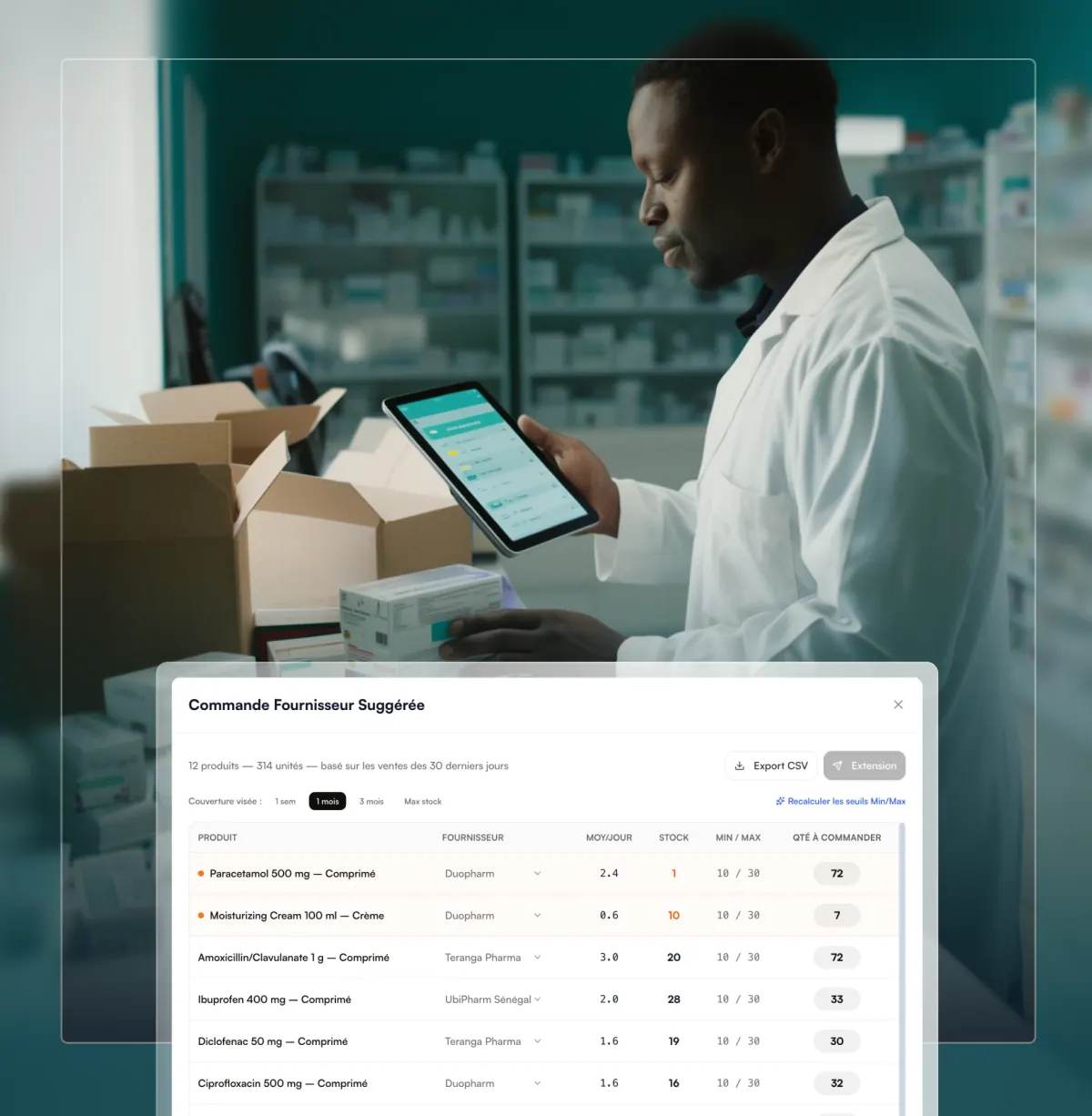 Pharmacien avec une tablette, commande fournisseur suggérée dans Ruwa