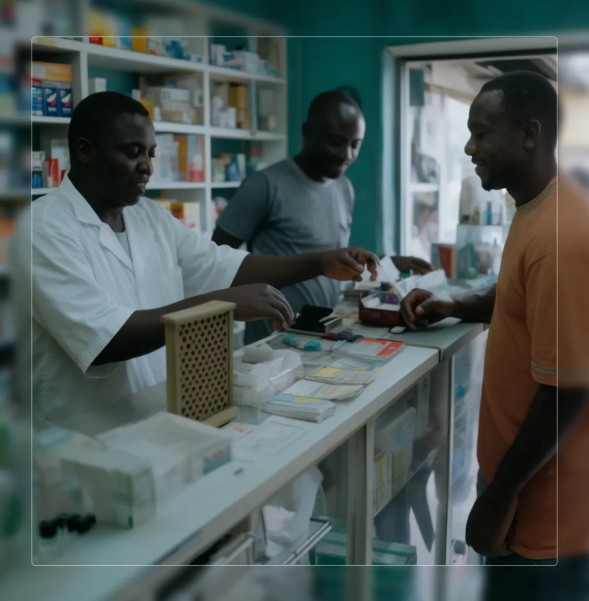 Pharmacien servant des patients au comptoir de l'officine