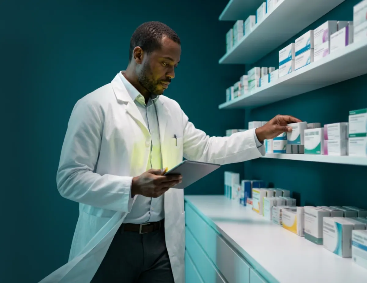 Pharmacien consultant une tablette devant les rayons de son officine